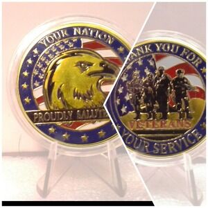 VETERANS Challenge Coin Military‎ Standard Gold Preowned Eagle Flag Enamel